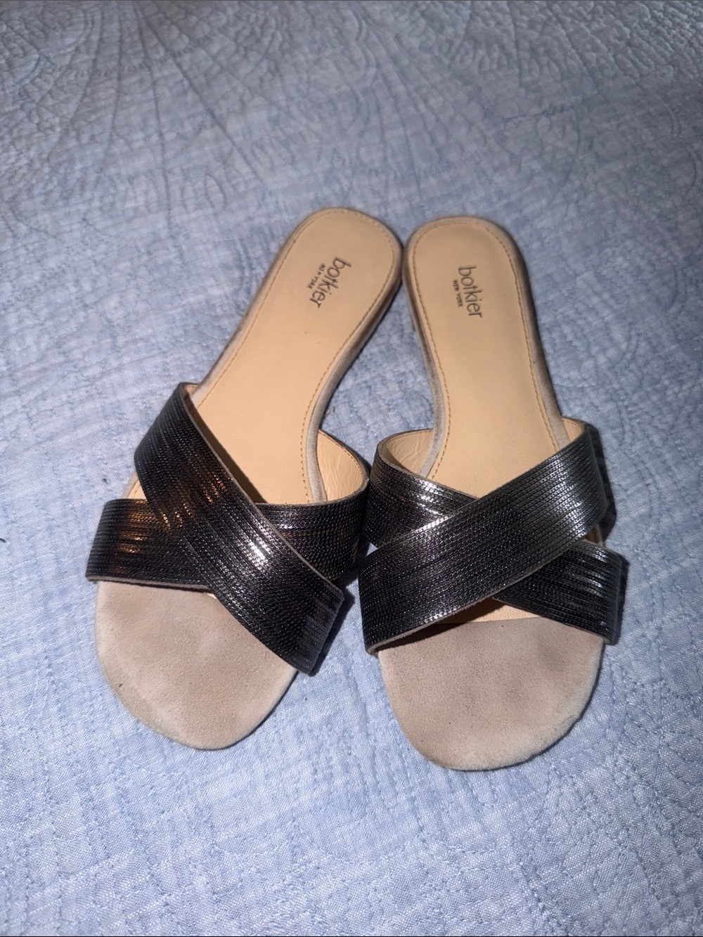 Botkier Black Crisscross Slide Sandals with Beige Footbed